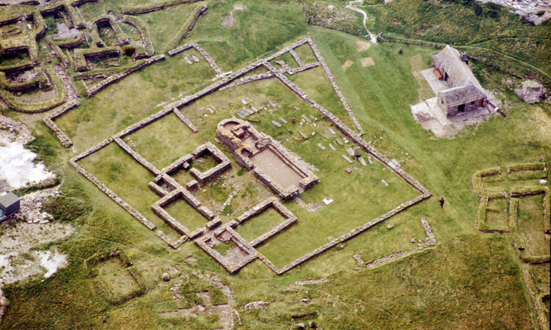 An aerial view of Norse buildings and foundations at the Brough of Birsay.