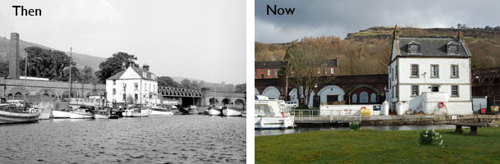 Side by side old and new photos of Old Custom House, Bowling Basin, in Dumbarton