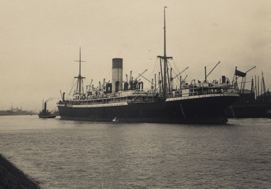 A black and white photograph of the ship, SS Anchises on water.