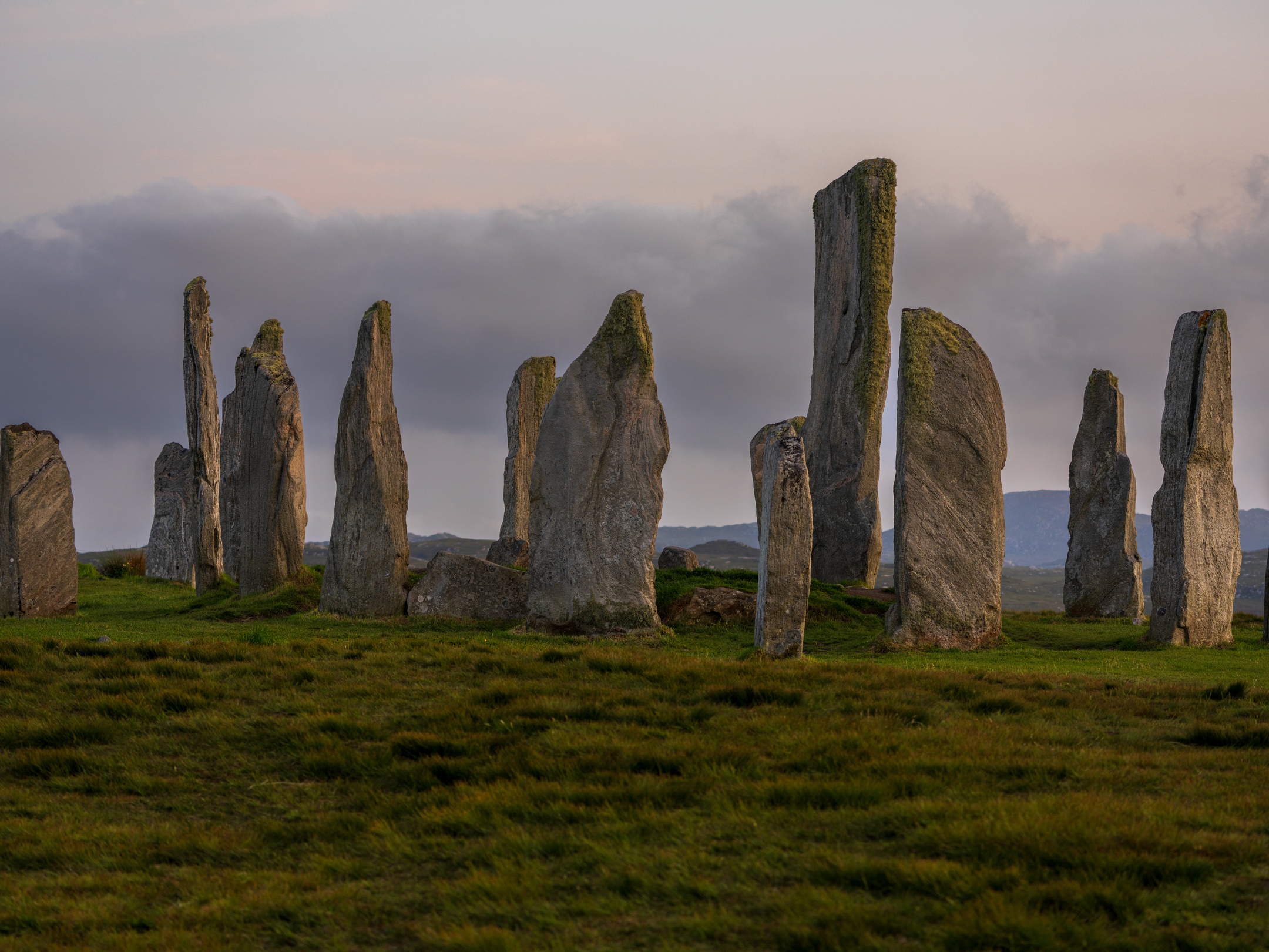 Wide view of the Calanais stone circle during dusk