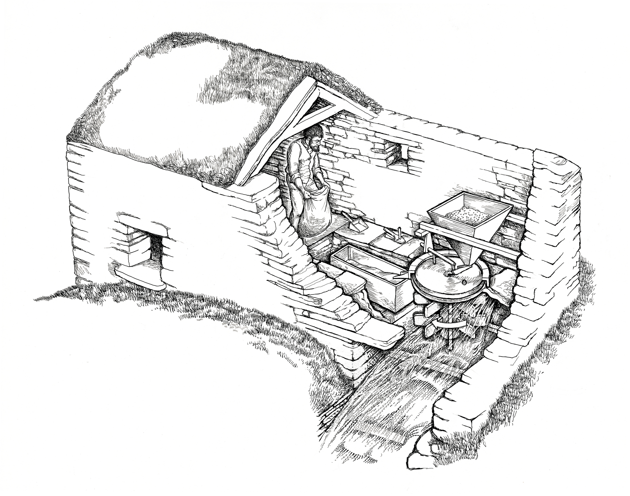 Detailed black and white illustration of the interior of a traditional Orkney click mill, showing a stone-built structure with a turf roof, a wooden waterwheel mechanism connected to millstones, and a person standing inside holding a sack of grain.