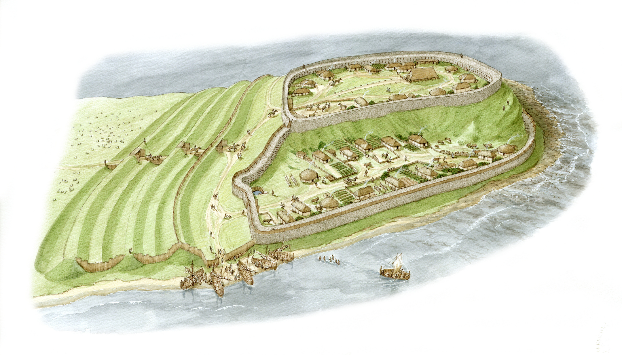 Illustrated aerial reconstruction of Burghead Fort showing a large stone-walled enclosure on a coastal promontory. Inside the fort are timber buildings, roundhouses, and open spaces, while outside the walls, terraced fields and smaller structures extend toward the shoreline. Several boats are depicted in the water near a wooden pier.