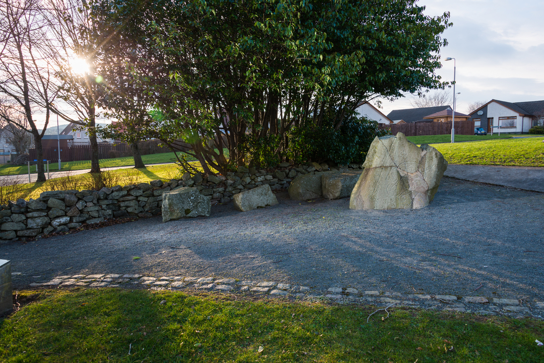 A large stone, next to three small stones, in the sun. There is a tree behind. 