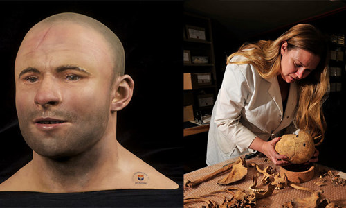 On the right is a reconstruction of a historic man's face, on the left is a person in a white coat holding a historic skull above a table. On the table, there are other parts of a skeleton laid out.