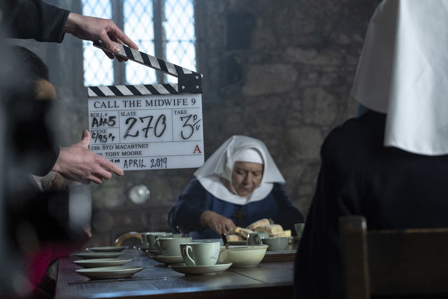A shot from filming of the Christmas special of Call the Midwife in 2019