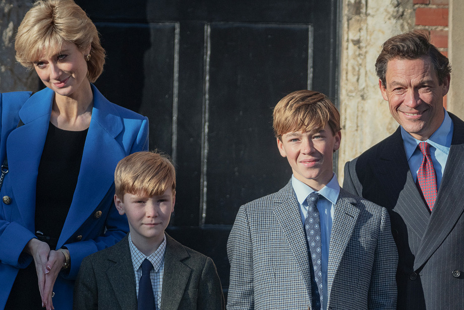 Left to right: Elizabeth Debicki as Princess Diana, Fflyn Edwards as Prince Harry, Rufus Kampa as Prince William and Dominic West as Prince Charles