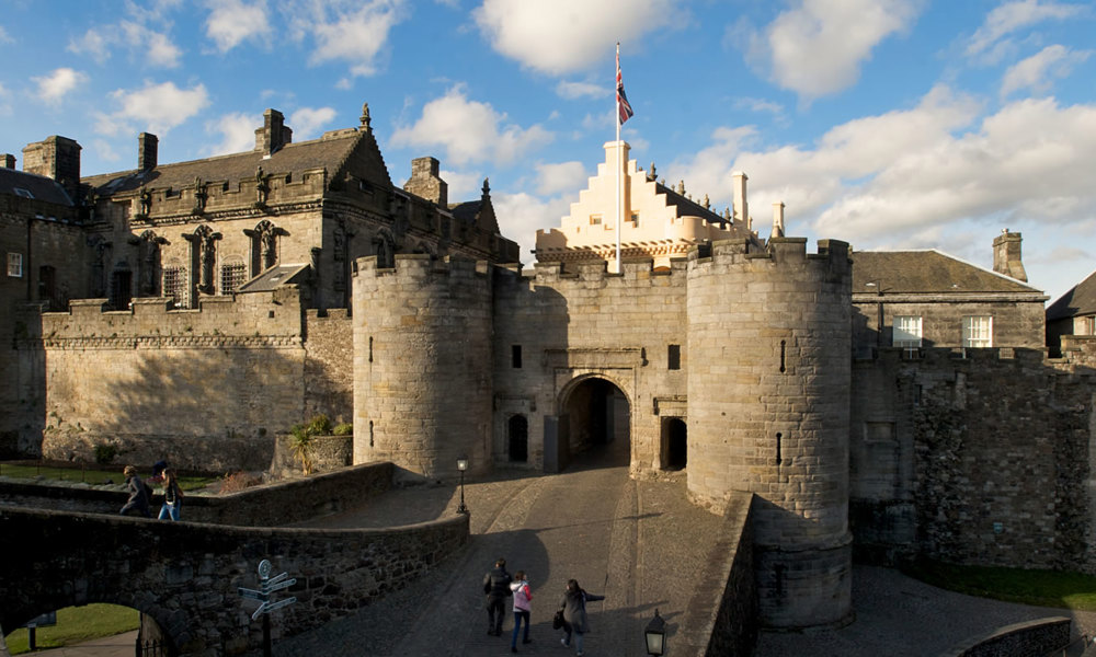 A general view of Stirling Castle, showing the gate house, royal palace and the roof of the great hall.