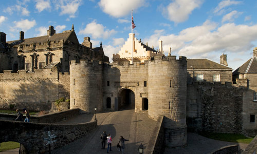 A general view of Stirling Castle, showing the gate house, royal palace and the roof of the great hall.