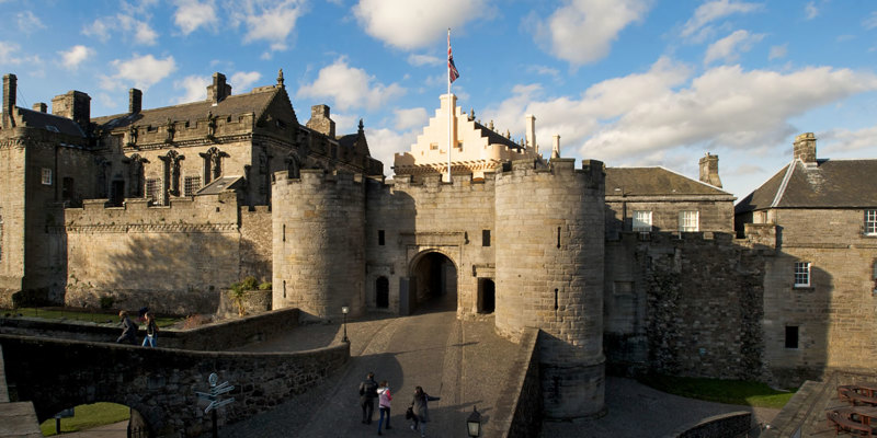 A general view of Stirling Castle, showing the gate house, royal palace and the roof of the great hall.