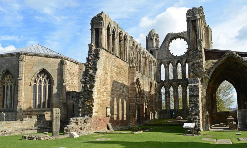 A general view of Elgin Cathedral, featuring the remains of the east elevation and chapter house