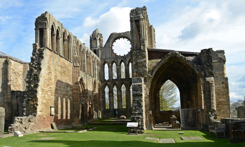 A general view of Elgin Cathedral, featuring the remains of the east elevation and chapter house