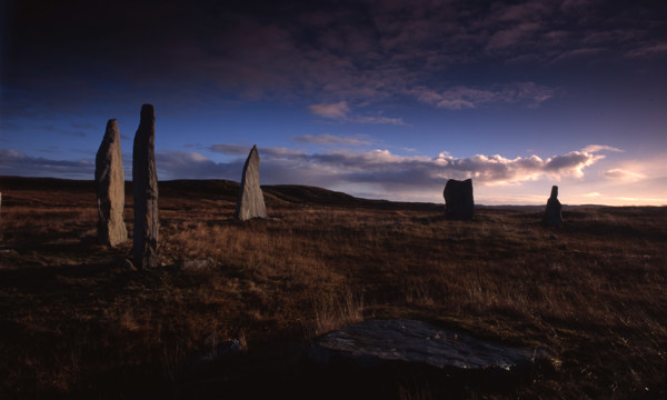 The Standing Stones of Calanais at sunset.
