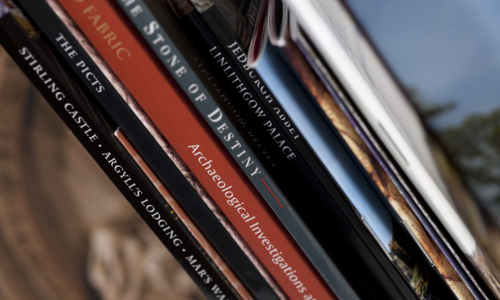 The spines of several Historic Environment Scotland publications.