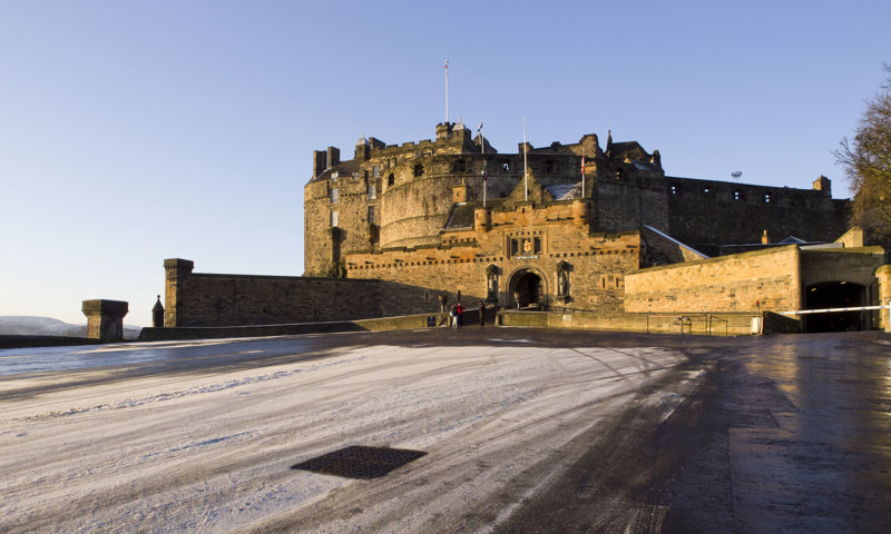 Edinburgh Castle, seen from the Esplanade on a clear, frosty morning.