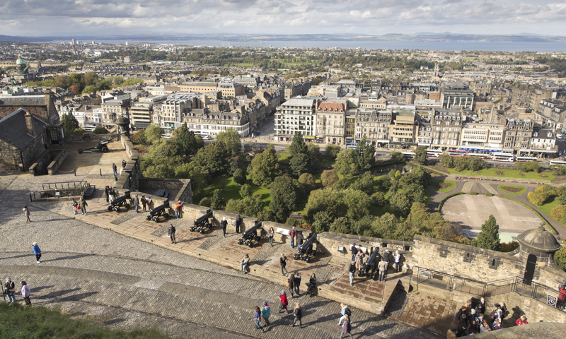 The view north from Edinburgh Castle, over the New Town and the Firth of Forth towards Fife.