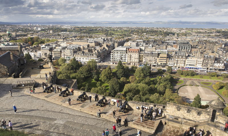 The view north from Edinburgh Castle, over the New Town and the Firth of Forth towards Fife.