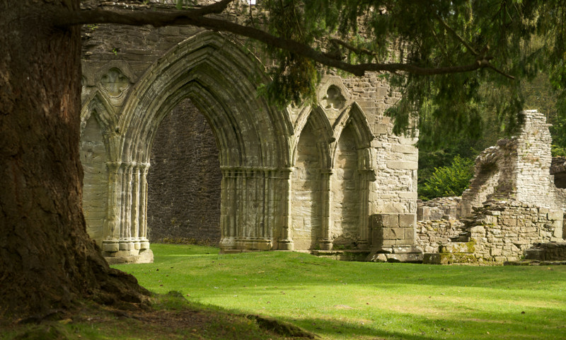 A view of the west front and processional doorway at Inchmahome Priory.