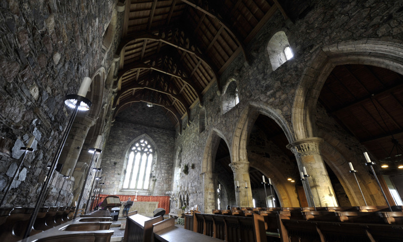 An interior view of the abbey church at Iona Abbey.