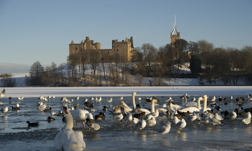 A wintry view across the loch to Linlithgow Palace.