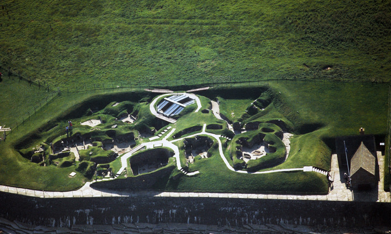 An aerial view of the prehistoric village at Skara Brae.