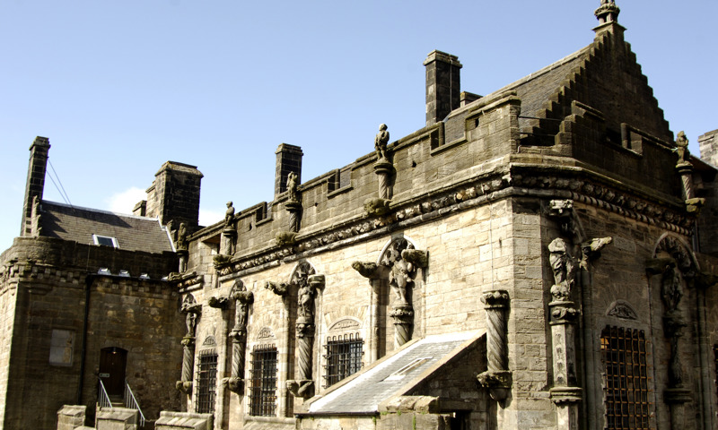 An exterior view of the intricately carved royal palace at Stirling Castle.