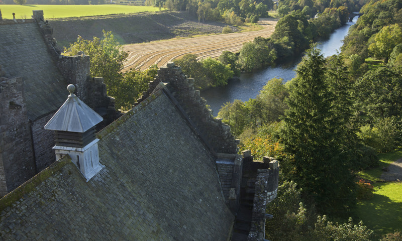 A view from the battlements at Doune Castle of the River Teith and surrounding farmland.