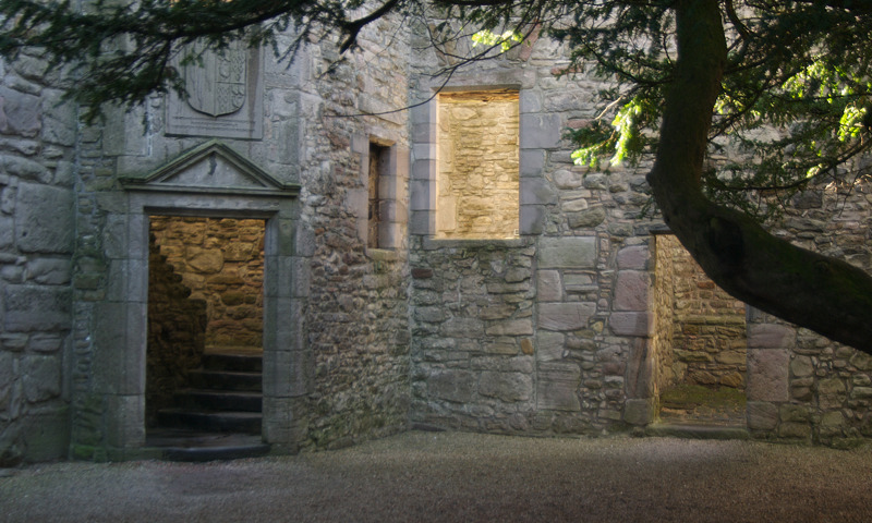 A view of the courtyard and tree at Craigmillar Castle.