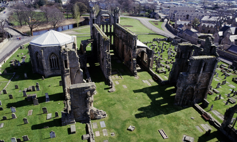 A view of the east elevation and chapter house of Elgin Cathedral, taken from the west front