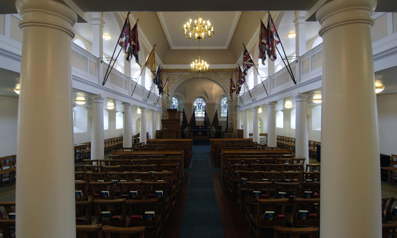 An interior view of the Garrison Chapel at Fort George.