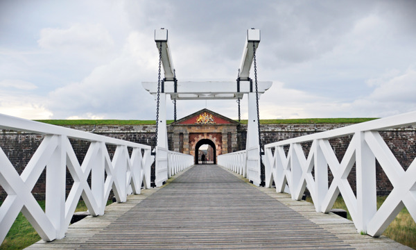 A view up the principal bridge to the gate at Fort George.