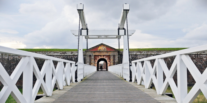 A view up the principal bridge to the gate at Fort George.