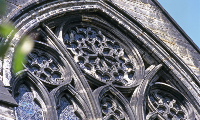 An exterior detail of a stained glass window at Glasgow Cathedral.