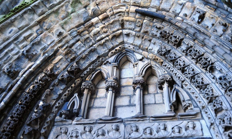 A detail of the carving in the west elevation of Holyrood Abbey.