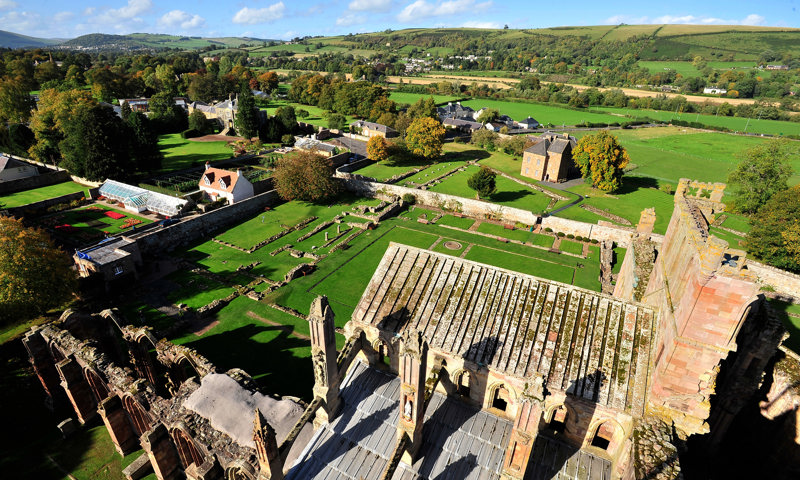 Melrose Abbey and grounds as seen from above.