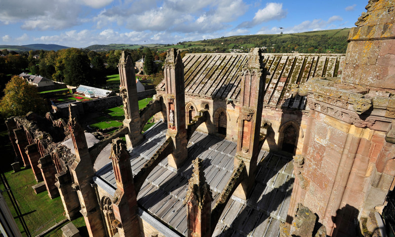A detail of the choir roof at Melrose Abbey.