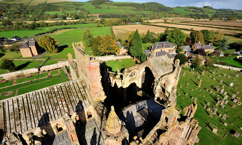 A view overlooking the presbytery of Melrose Abbey.
