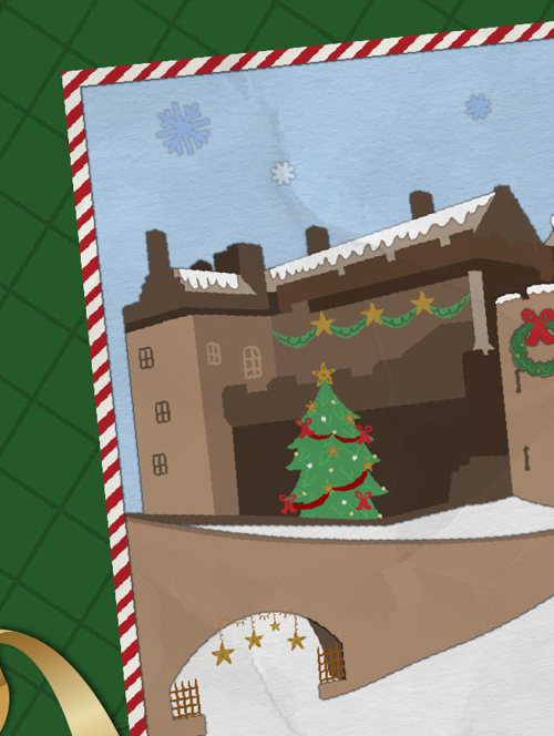 A drawing of the exterior of a castle entrance with some gold ribbon around it