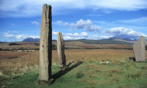 Three large standing stones in a marshy landscape