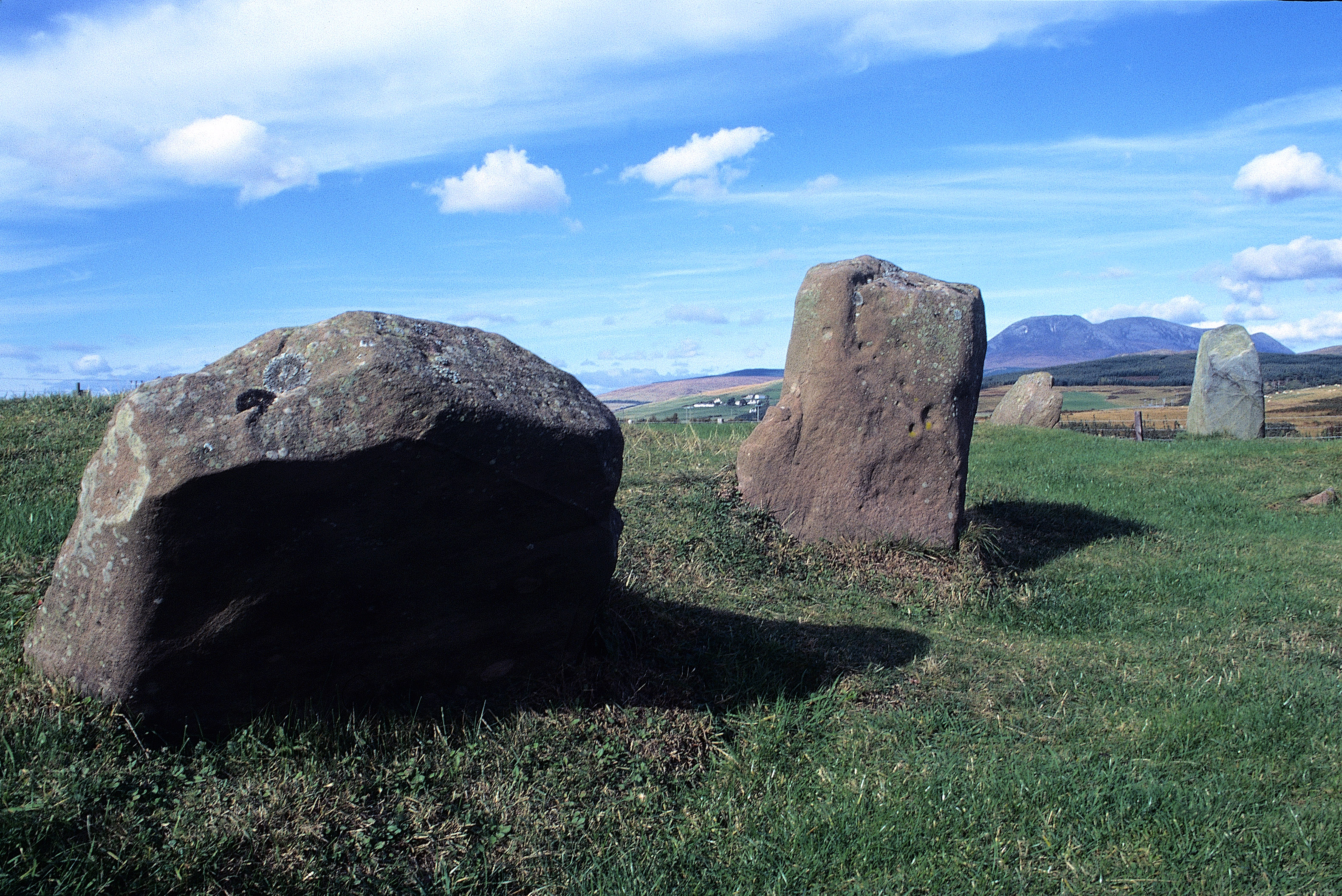 A large boulder and several low standing stones in a field.