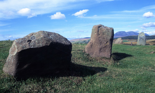 A large boulder and several low standing stones in a field.