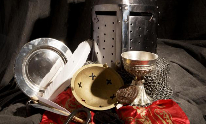 An assortment of medieval life learning objects, including a goblet and knight’s helmet.