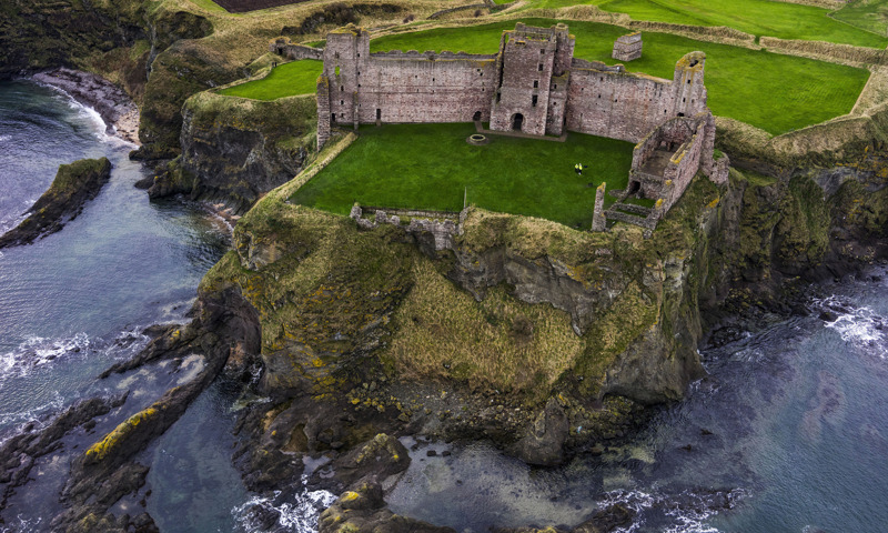An aerial view of Tantallon Castle, taken from above the Firth of Forth.