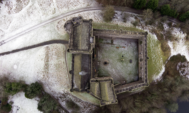 Doune Castle as seen from above, revealing the castle’s plan and courtyard.