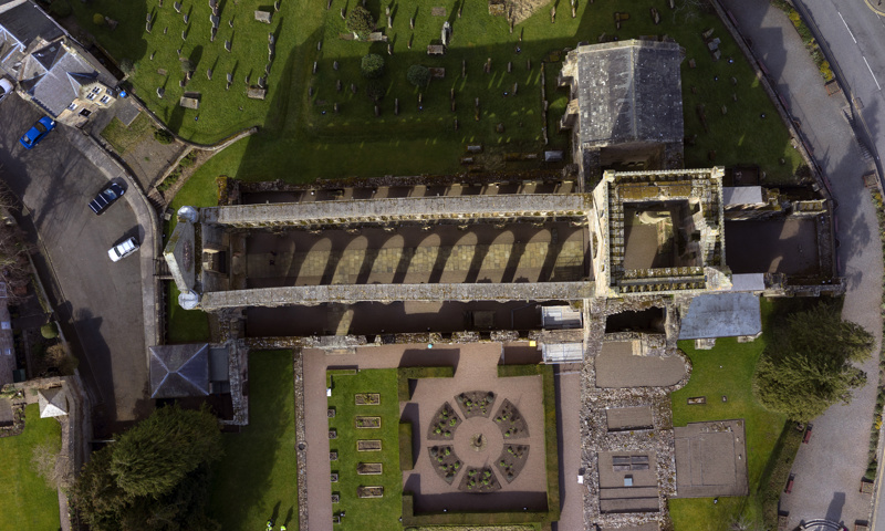 An aerial view of Jedburgh Abbey.