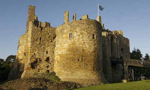 Exterior view of Dirleton Castle in the sunlight