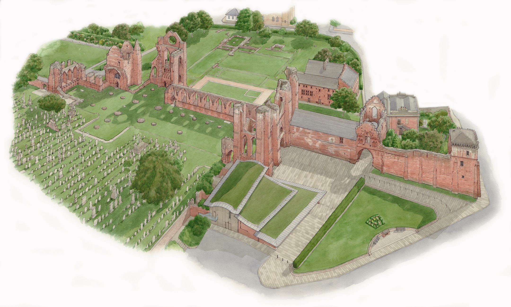 Illustration of an abbey ruin with a significant graveyard area