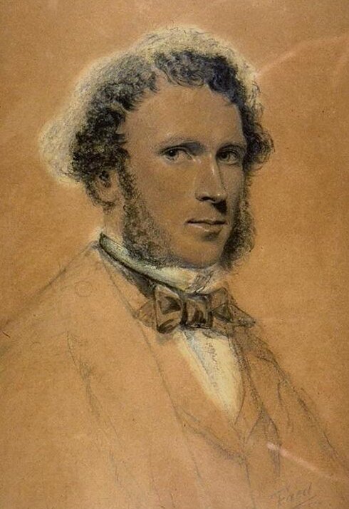 A sketch of a person's head and shoulders. They are sitting facing the artist, wearing a jacket and shirt with bow tie.