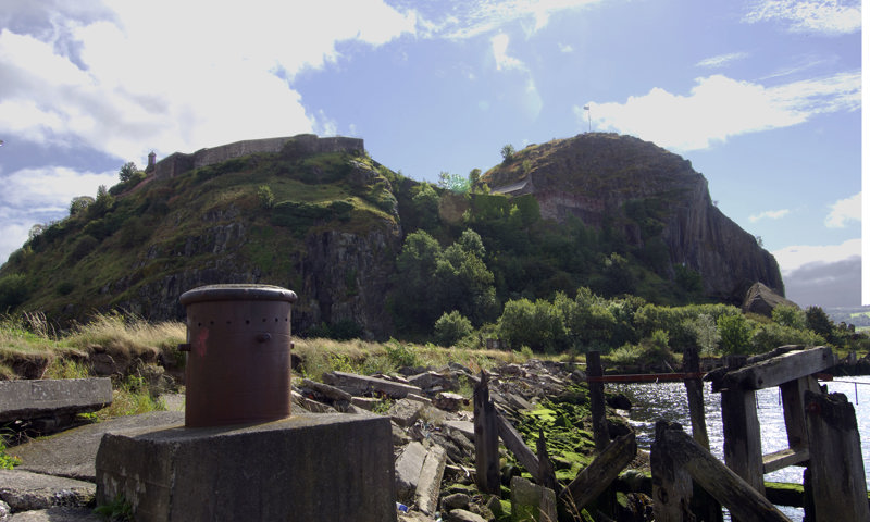 A distant view of the volcanic rock upon which Dumbarton Castle stands.