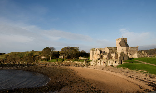 A general view of Inchcolm Abbey and the shore