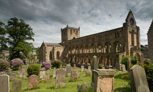 A general view of Jedburgh Abbey and its graveyard.